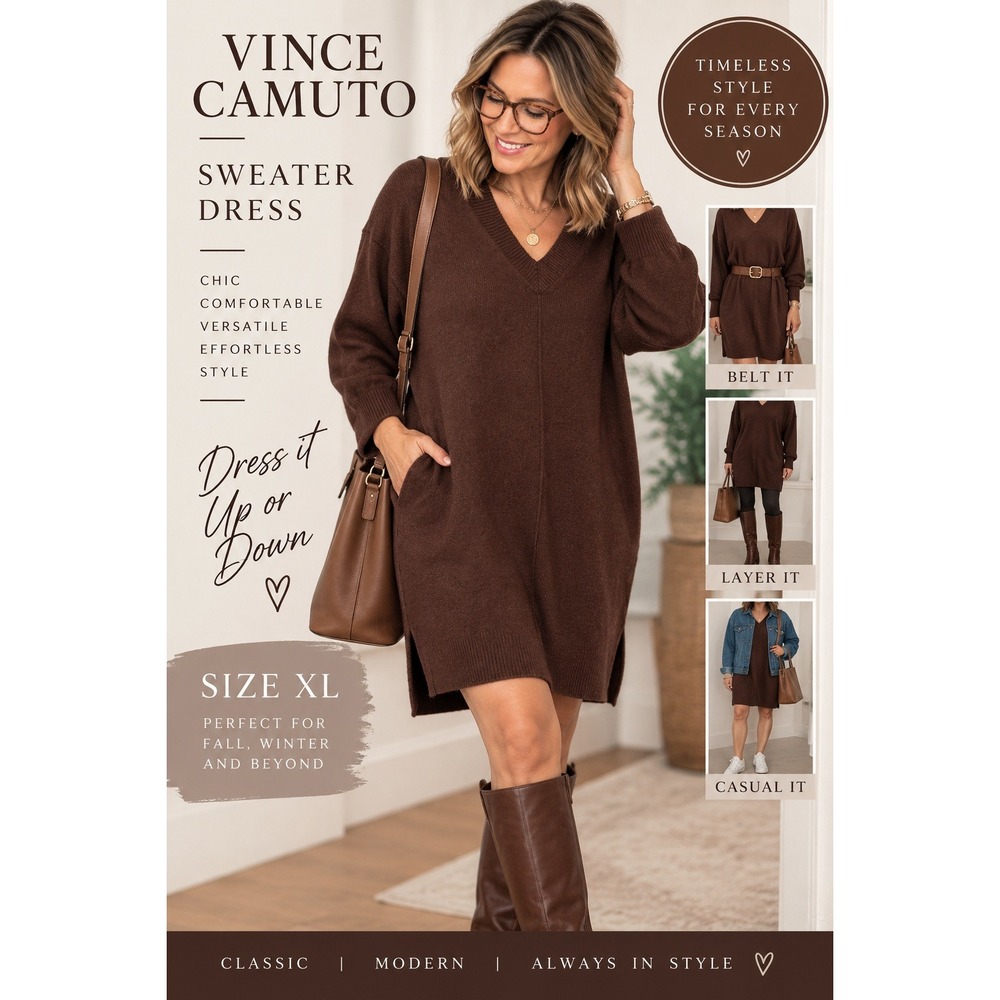 Vince Camuto Women Brown V-Neck Sweater Dress XL Pockets Knit Oversized 91523226